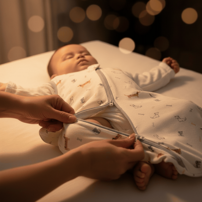 Gigoteuse bébé en cours de fermeture par une main sur un enfant endormi., changement de couche