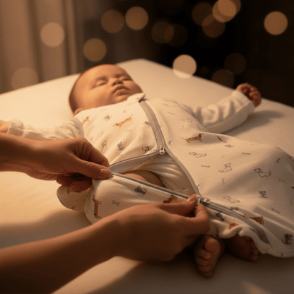 Gigoteuse bébé en cours de fermeture par une main sur un enfant endormi., changement de couche
