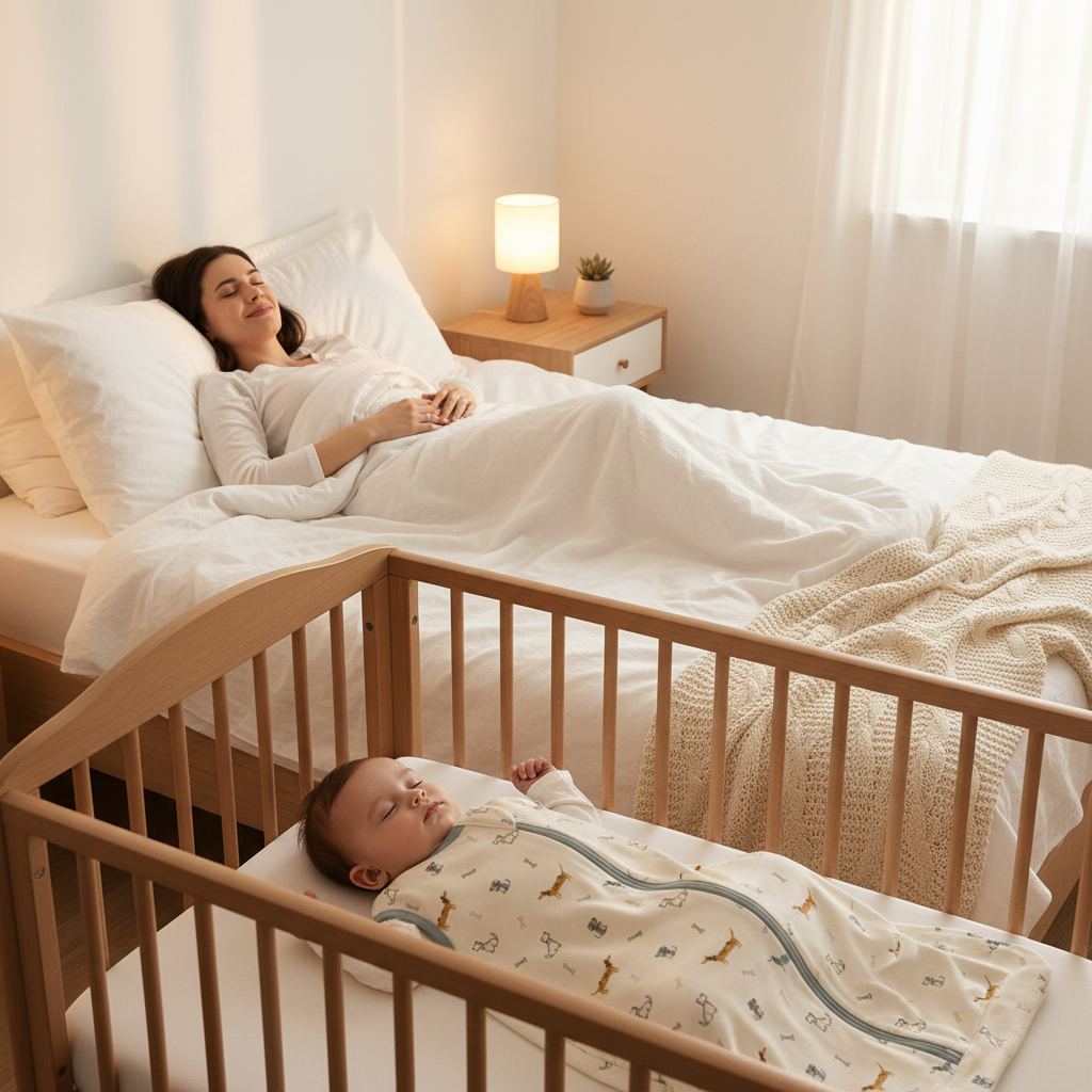 Gigoteuse bébé vue portée par un enfant dans un lit près de sa maman.