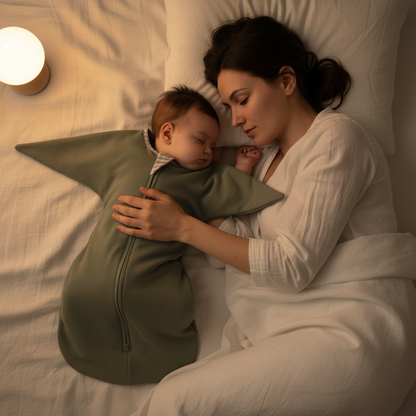 Gigoteuse Bébé vert sauge - Maman bercant son bébé endormi en gigoteuse dans une chambre chaleureuse.