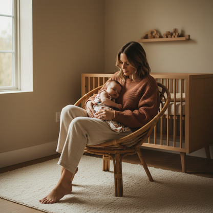 Gigoteuse bébé avec maman tenant son bébé habillé d'une gigoteuse bébé dans une chambre d'enfant.