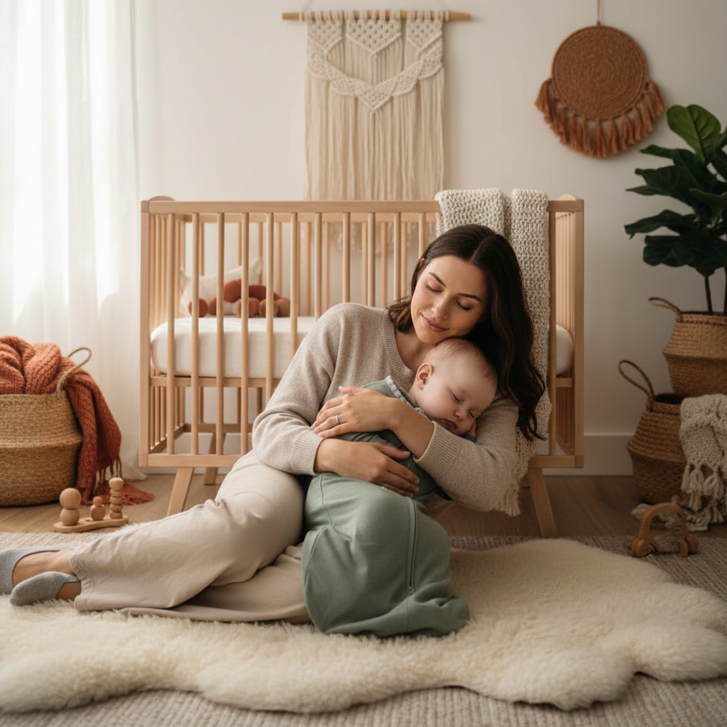 Gigoteuse Bébé vert sauge - Maman assise au sol avec son bébé en gigoteuse dans un décor bohème.