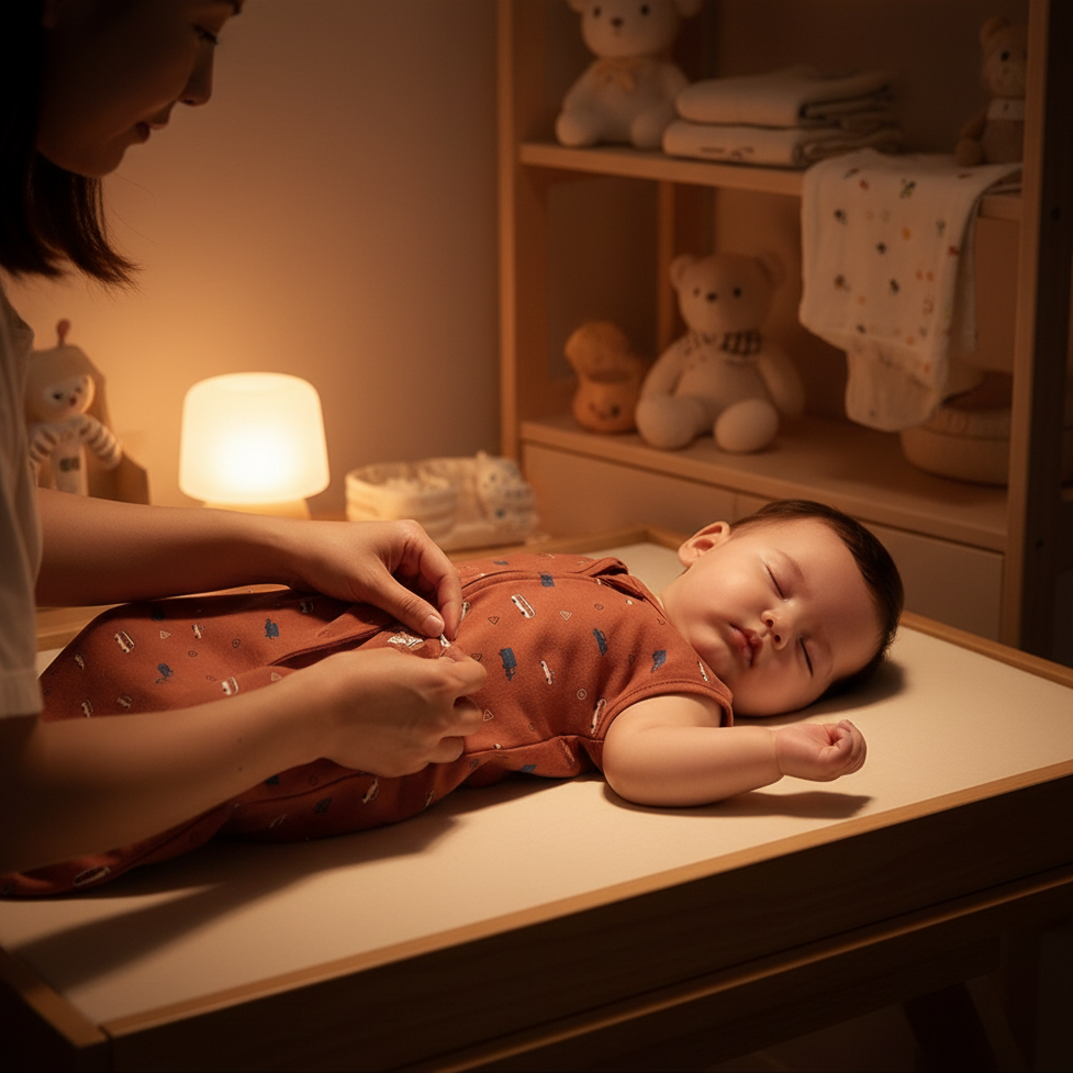Gigoteuse bébé -maman avec bébé sur table a langer changement de couche