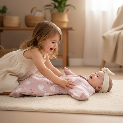 Gigoteuse bébé portée lors d'un moment de jeu et de partage entre une enfant et son petit frère ou sœur.