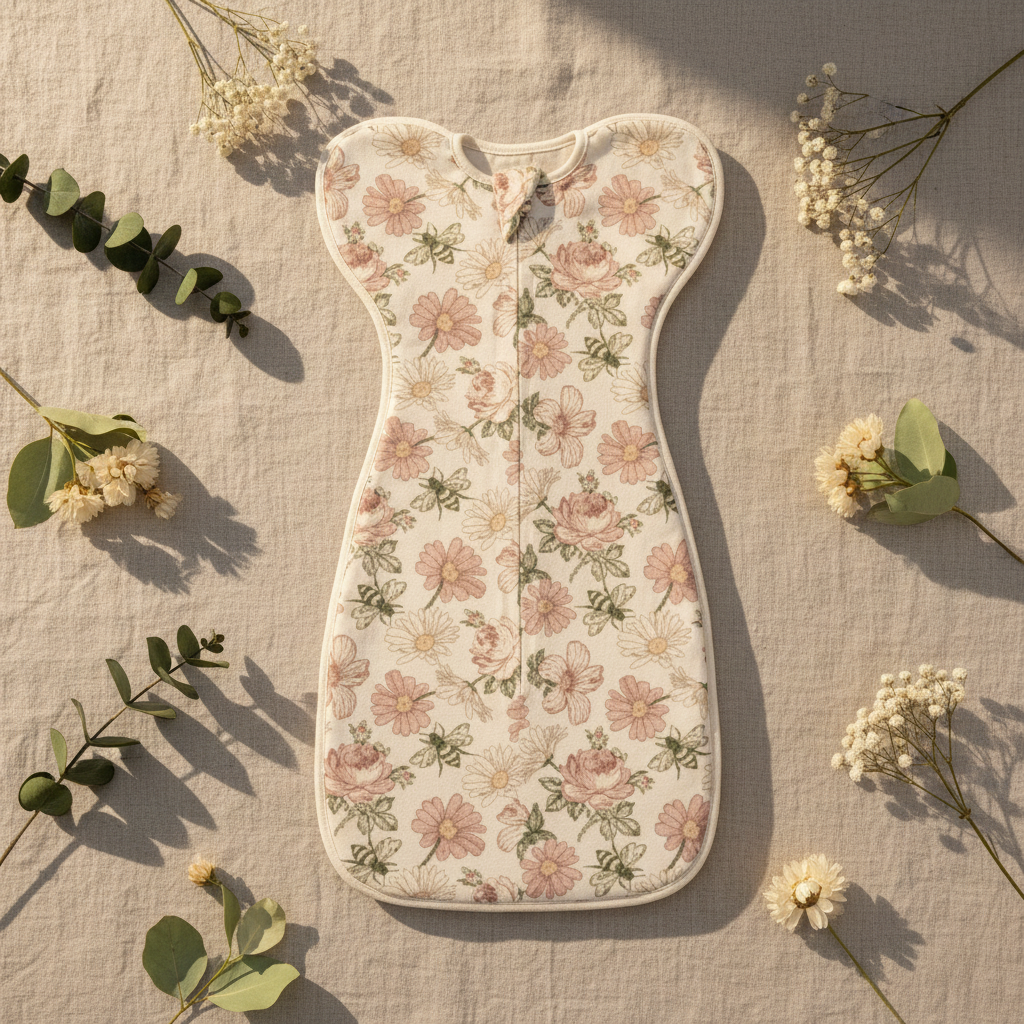 Gigoteuse bébé à motifs floraux posée à plat avec des décorations naturelles autour
