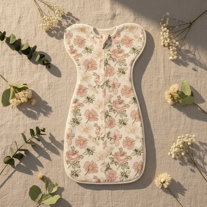 Gigoteuse bébé à motifs floraux posée à plat avec des décorations naturelles autour