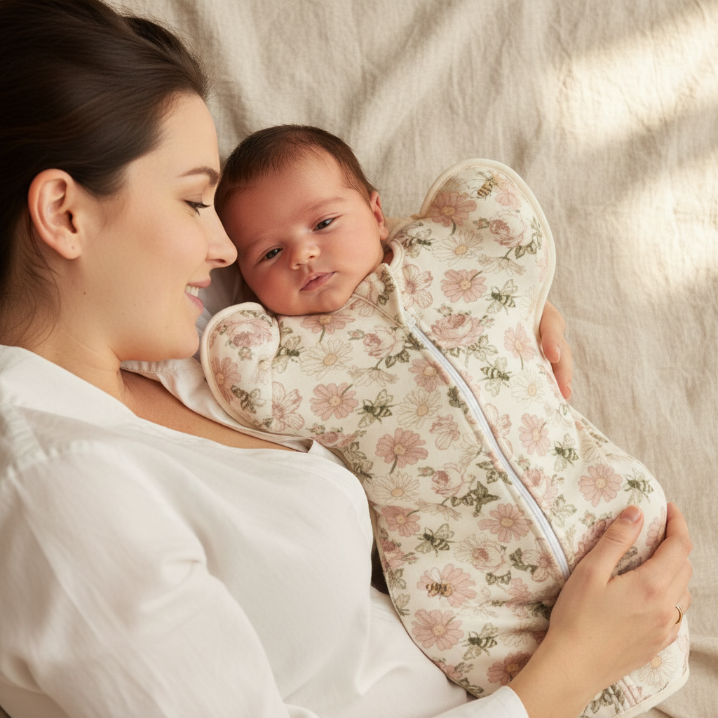 Gigoteuse bébé à motifs floraux portée par un bébé dans les bras de sa maman