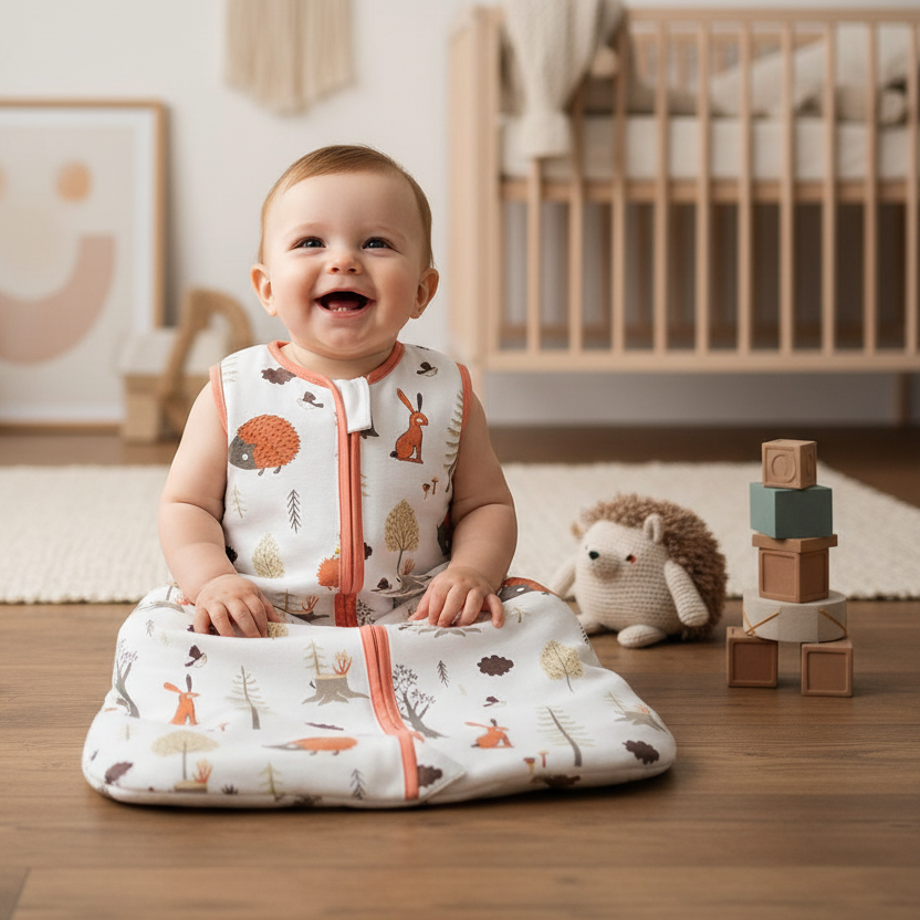 Gigoteuse bébé avec motif hérisson et forêt dans une chambre bohème chic.