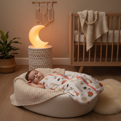 Gigoteuse bébé portée dans un nid de couchage avec veilleuse lune.