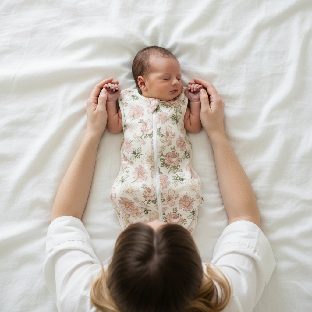 Gigoteuse bébé à motifs floraux portée par un nouveau-né, vue du dessus