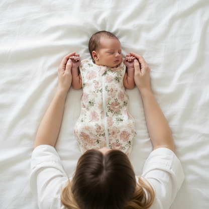 Gigoteuse bébé à motifs floraux portée par un nouveau-né, vue du dessus