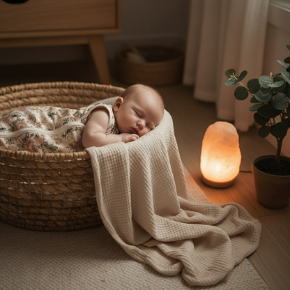 Gigoteuse bébé à motifs floraux déposée dans un panier en osier