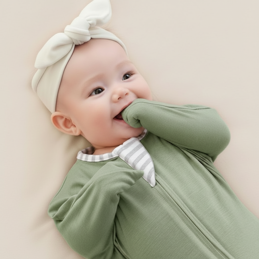 Gigoteuse Bébé vert sauge - Plan rapproché d'un bébé portant une gigoteuse tricotée avec col à rayures et mettant sa main dans sa bouche.