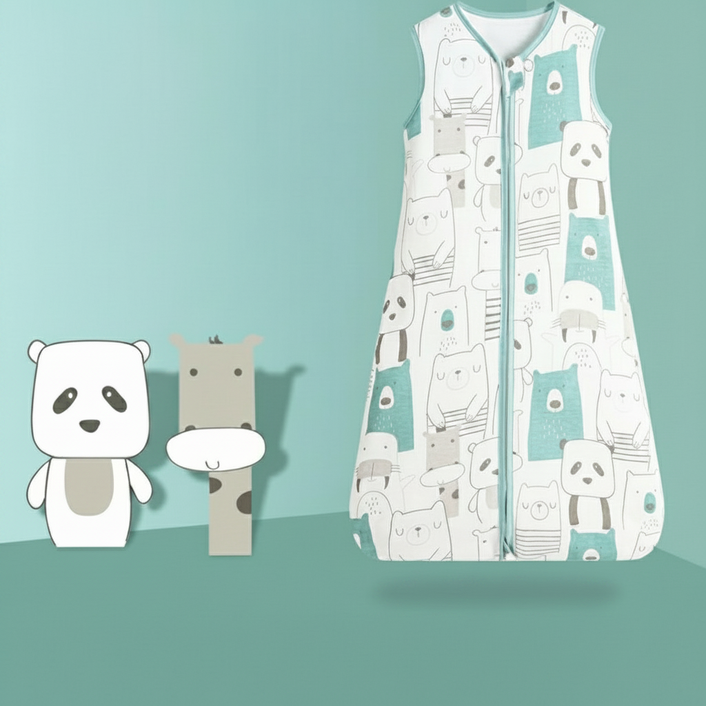 Gigoteuse bébé avec motif d'animaux présentée avec des illustrations de panda et de girafe.