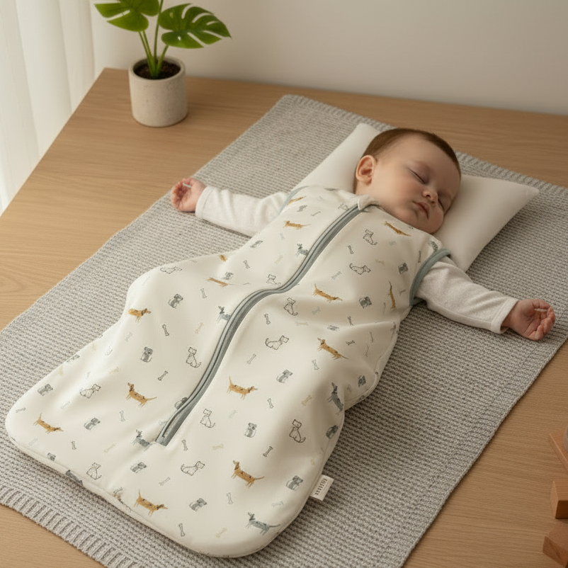 Gigoteuse bébé PUPPY™ sans manches en coton - bébé endormi sur tapis scandinave avec monstera et jouets en bois