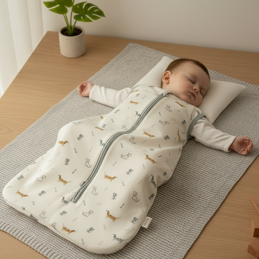 Gigoteuse bébé PUPPY™ sans manches en coton - bébé endormi sur tapis scandinave avec monstera et jouets en bois