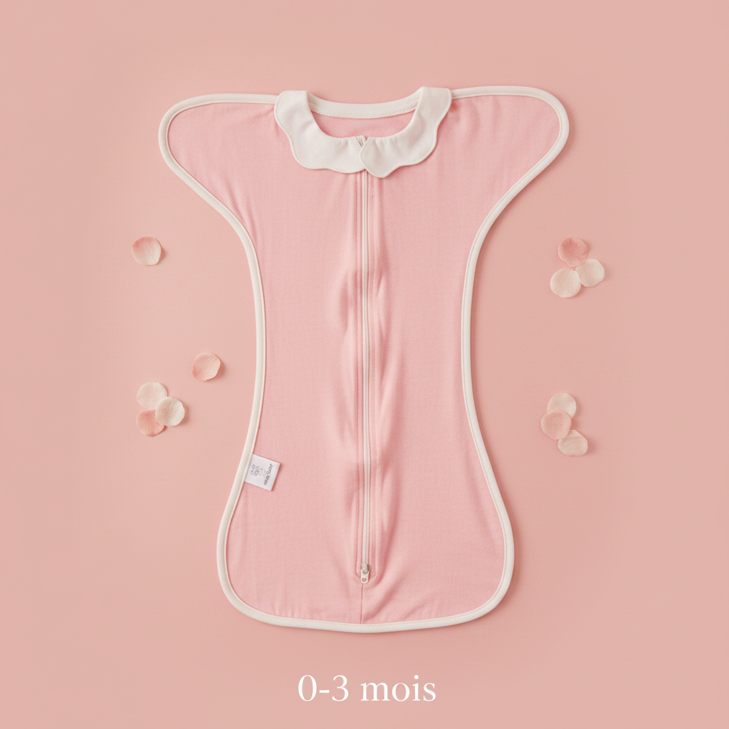 Gigoteuse bébé rose, modèle 0-3 mois avec col Claudine, présentée sur un fond doux avec des pétales.