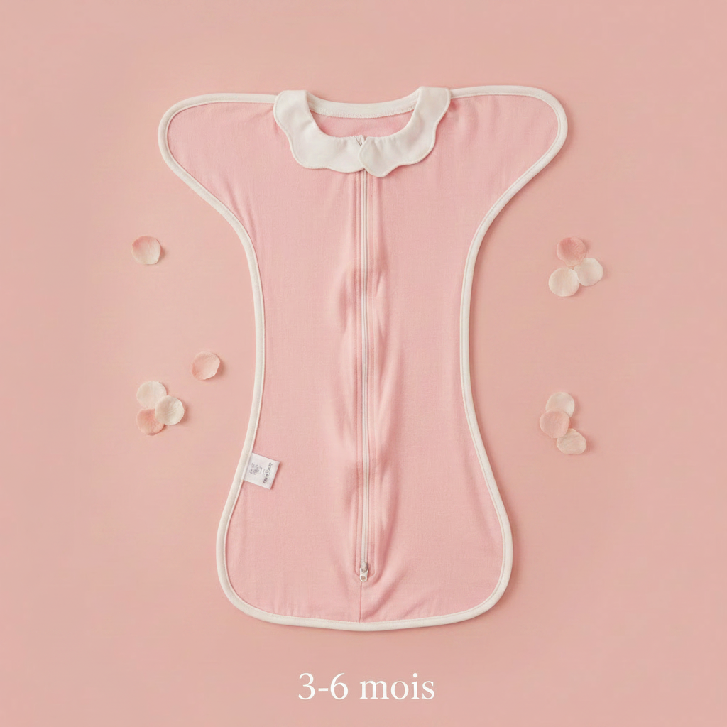Gigoteuse bébé rose, modèle 3-6 mois avec col Claudine, présentée sur un fond doux avec des pétales.