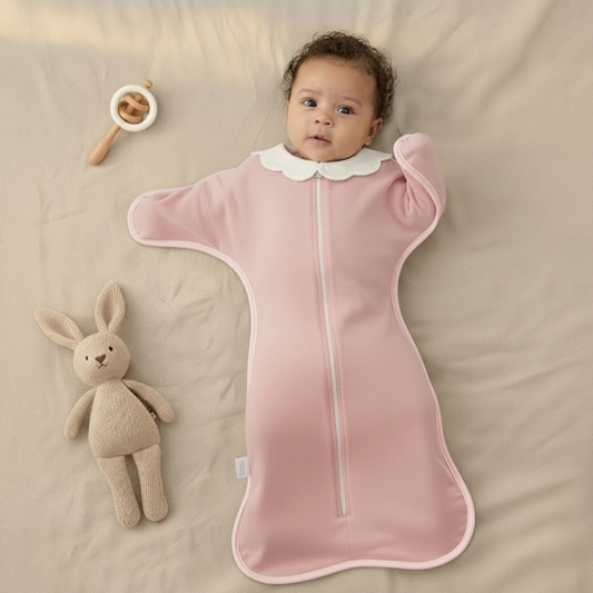 Gigoteuse bébé rose, vue d'ensemble du sac de couchage pour nourrisson.