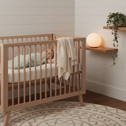 Gigoteuse bébé sécuritaire pour le lit à barreaux, un bébé dort tranquillement sur le dos.