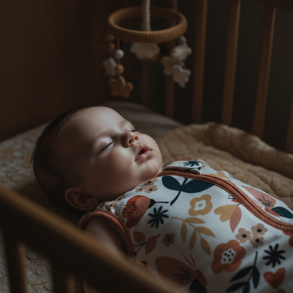 Gigoteuse bébé à motif floral portée par un nourrisson endormi dans son lit.