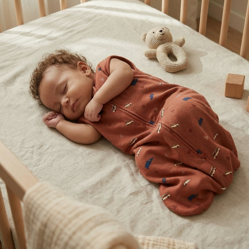 Gigoteuse bébé motif voitures, bébé dormant paisiblement dans un berceau en bois.