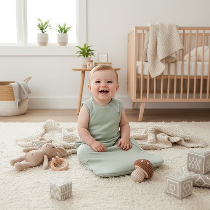 Gigoteuse bébé sans manches de couleur verte, un bébé est assis et joue sur un tapis d'éveil.
