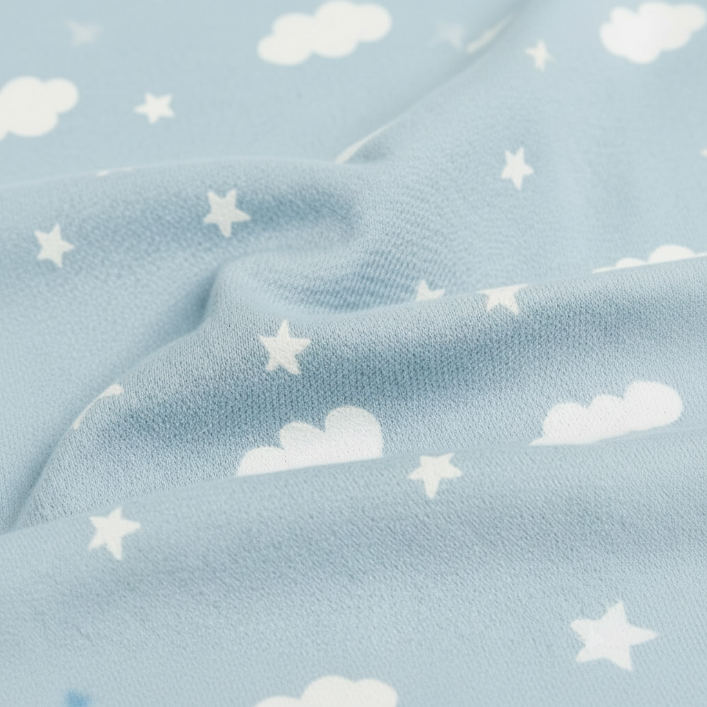 Gigoteuse bébé, gros plan sur le tissu en jersey de coton bleu avec motif nuages blancs et étoiles blanches.