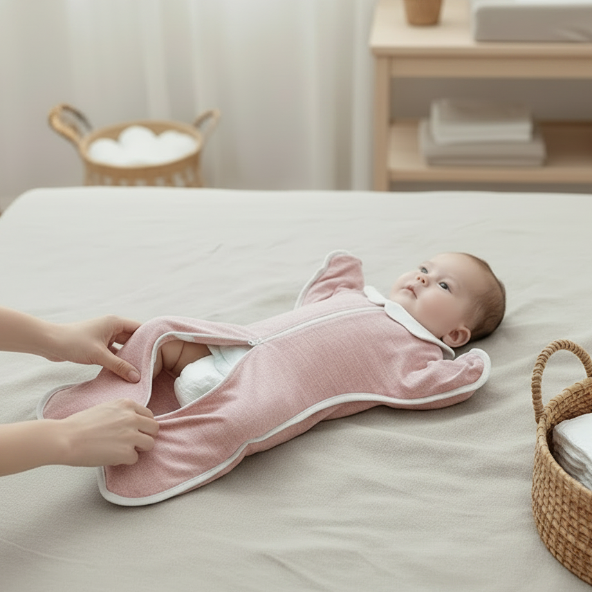 Gigoteuse bébé rose, démonstration d'utilisation par les parents, maman change couche