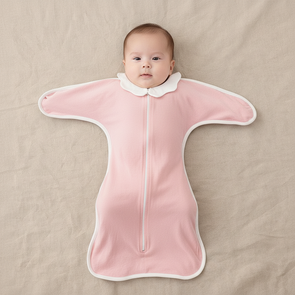 Gigoteuse bébé rose, présentation à plat sur textile neutre.