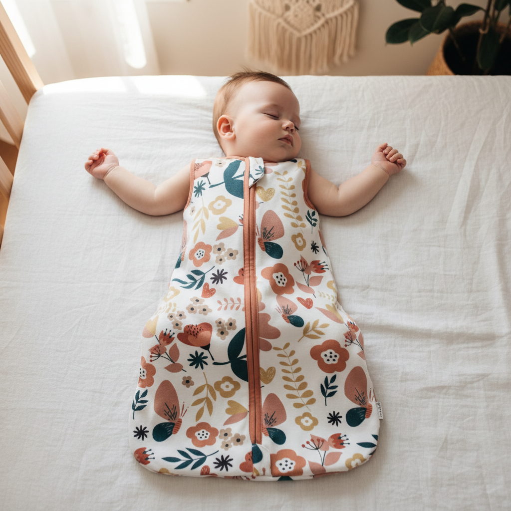 Gigoteuse bébé à imprimé floral avec vue de dessus d'un bébé dormant.