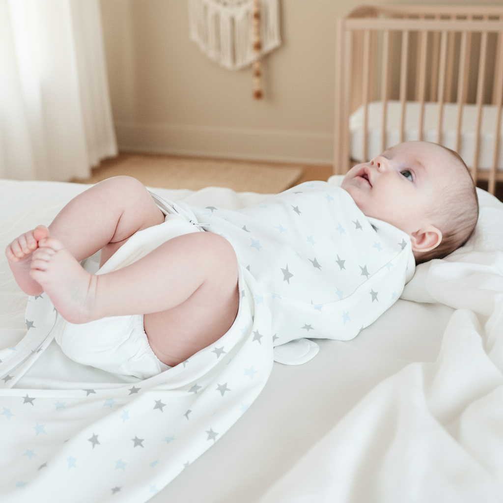 Gigoteuse d'emmaillotage portée par un bébé allongé sur le côté, change couche facile.