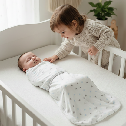 Gigoteuse d'emmaillotage blanche à étoiles portée par un bébé dans son lit.