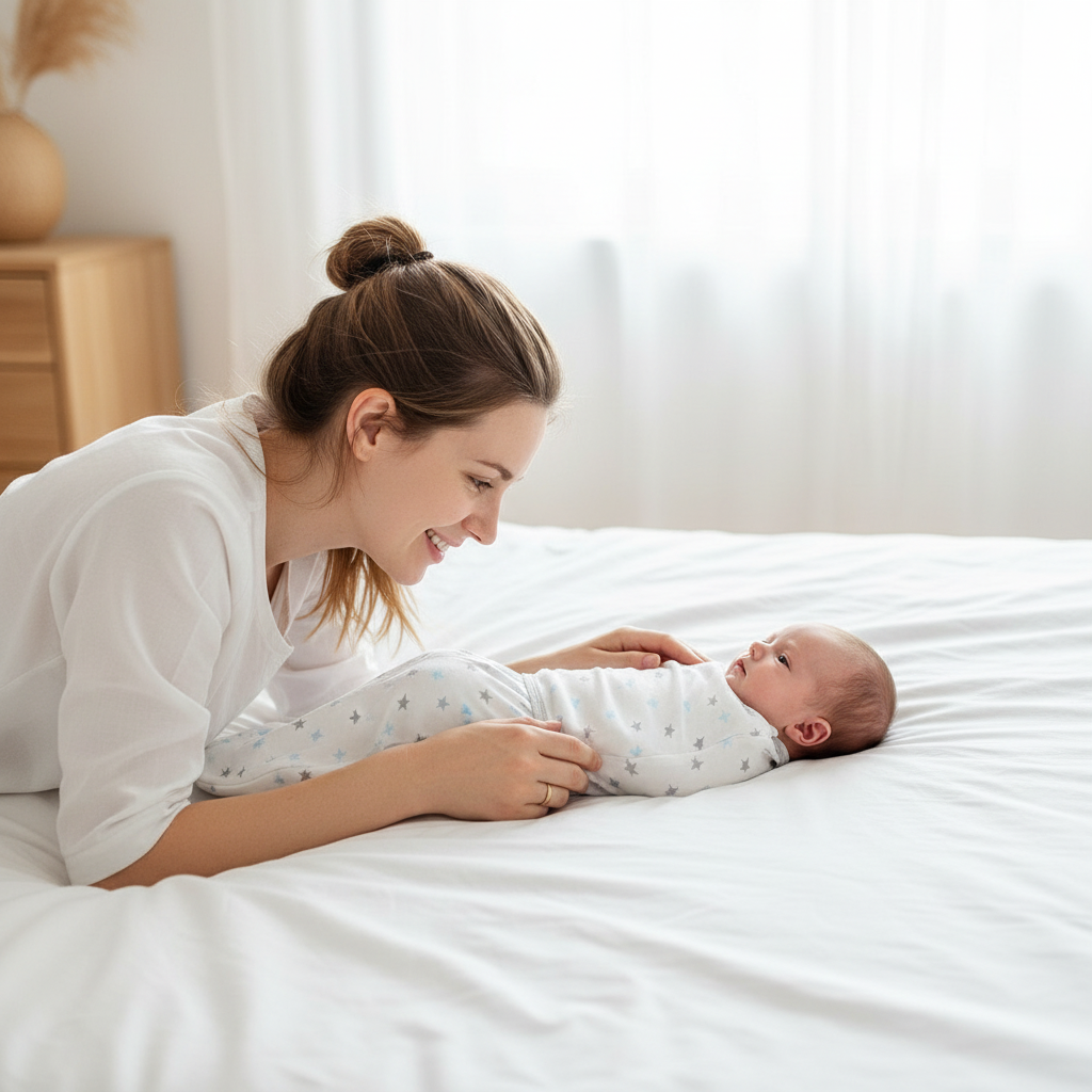 Gigoteuse d'emmaillotage ajustée par une maman sur son nouveau-né.