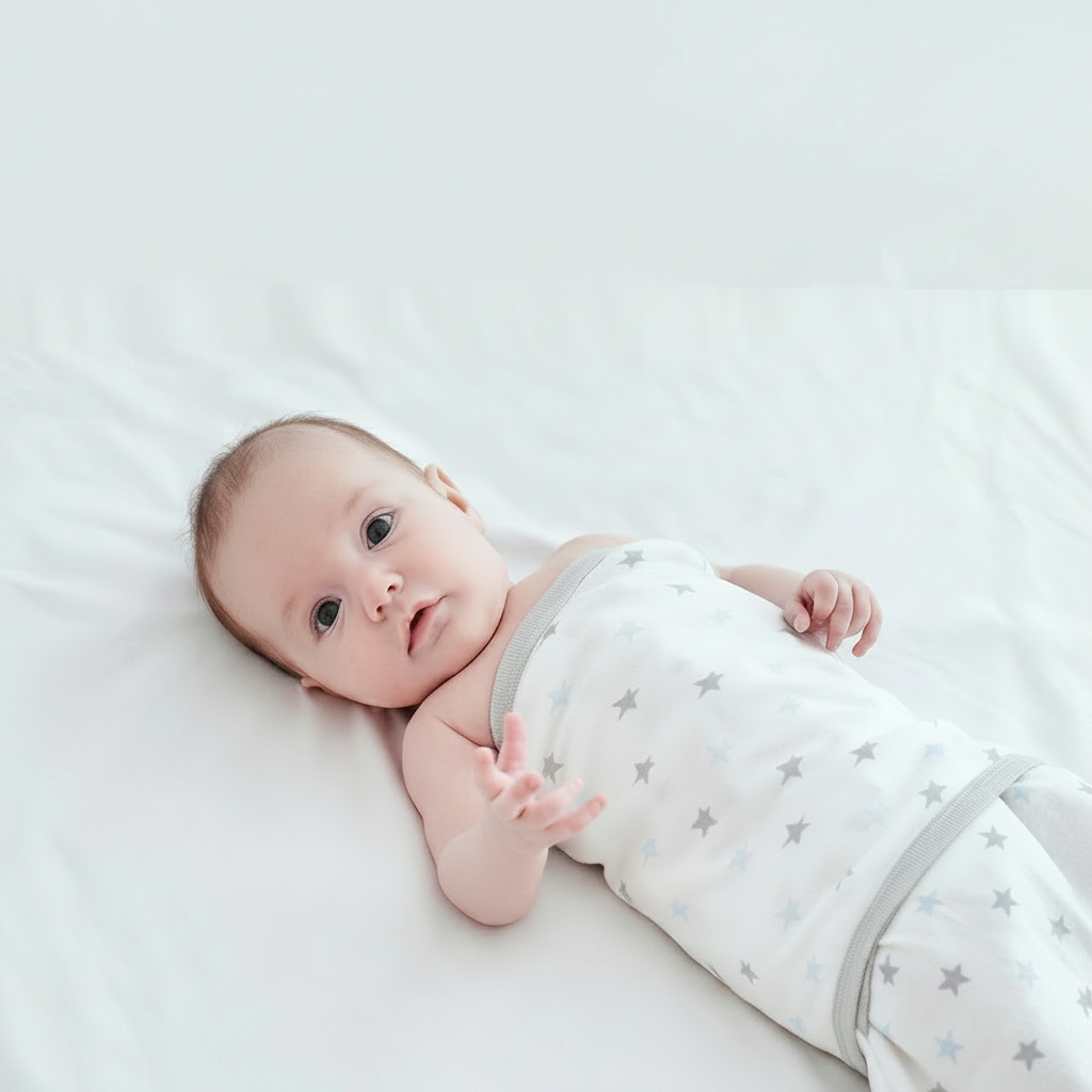 Gigoteuse d'emmaillotage montrée en vue latérale sur un bébé calme.