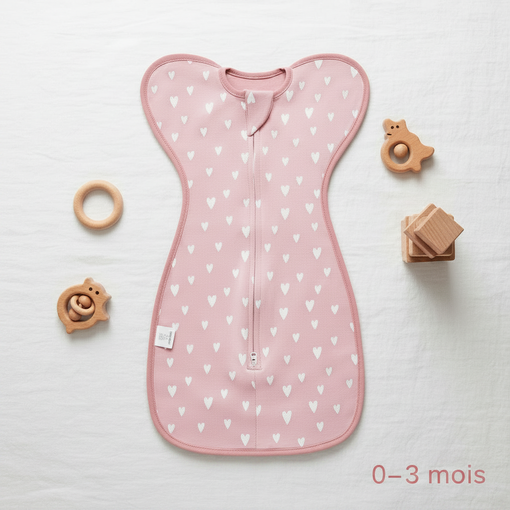 Gigoteuse d'emmaillotage rose, taille 0-3 mois, présentée à plat avec des jouets en bois.