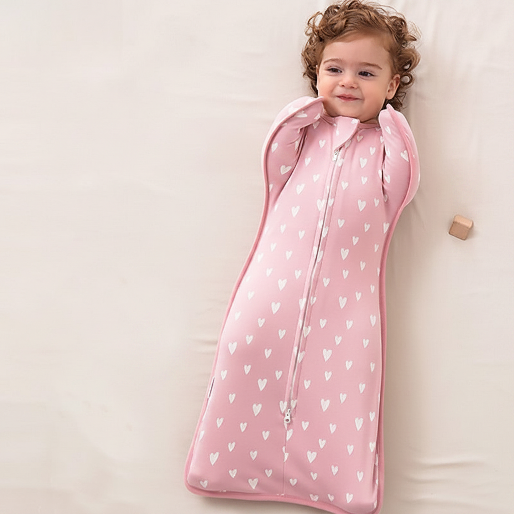 Gigoteuse d'emmaillotage rose montrant la coupe confortable pour le sommeil de bébé.