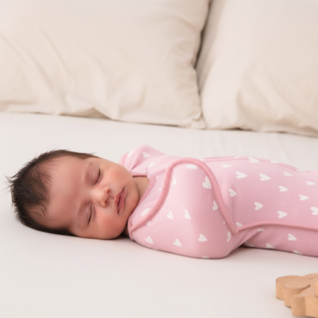 Gigoteuse d'emmaillotage rose montrant le bien-être de bébé entouré de ses parents.