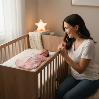 Gigoteuse d'emmaillotage rose utilisée dans un environnement de chambre apaisant avec une maman près du lit.