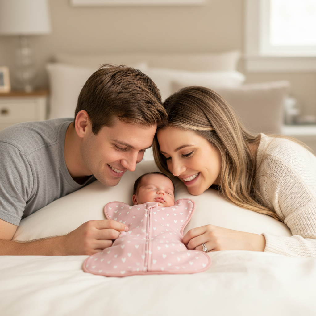 Gigoteuse d'emmaillotage rose avec bébé allongé, offrant une liberté de mouvement adaptée. Parents souriants bébé endormi gigoteuse rose