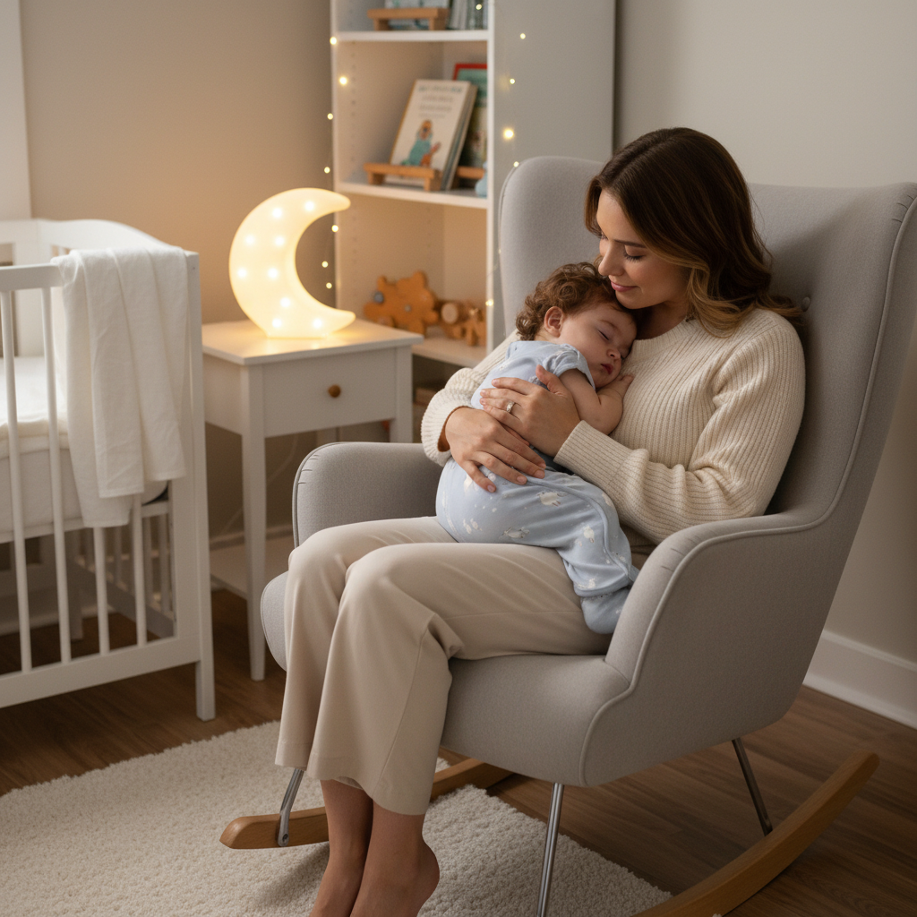 Gigoteuse dans un fauteuil lors d'un moment DE CALIN ET allaitement MAMAN