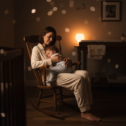 Gigoteuse portée par un enfant bercé par sa maman le soir.