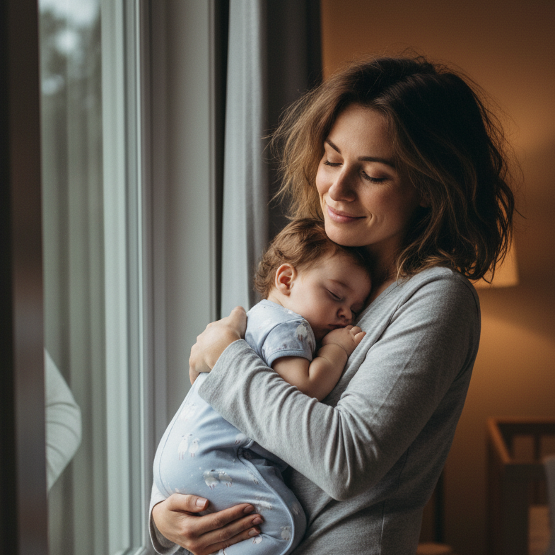 Gigoteuse portée par un enfant dans les bras de sa maman.