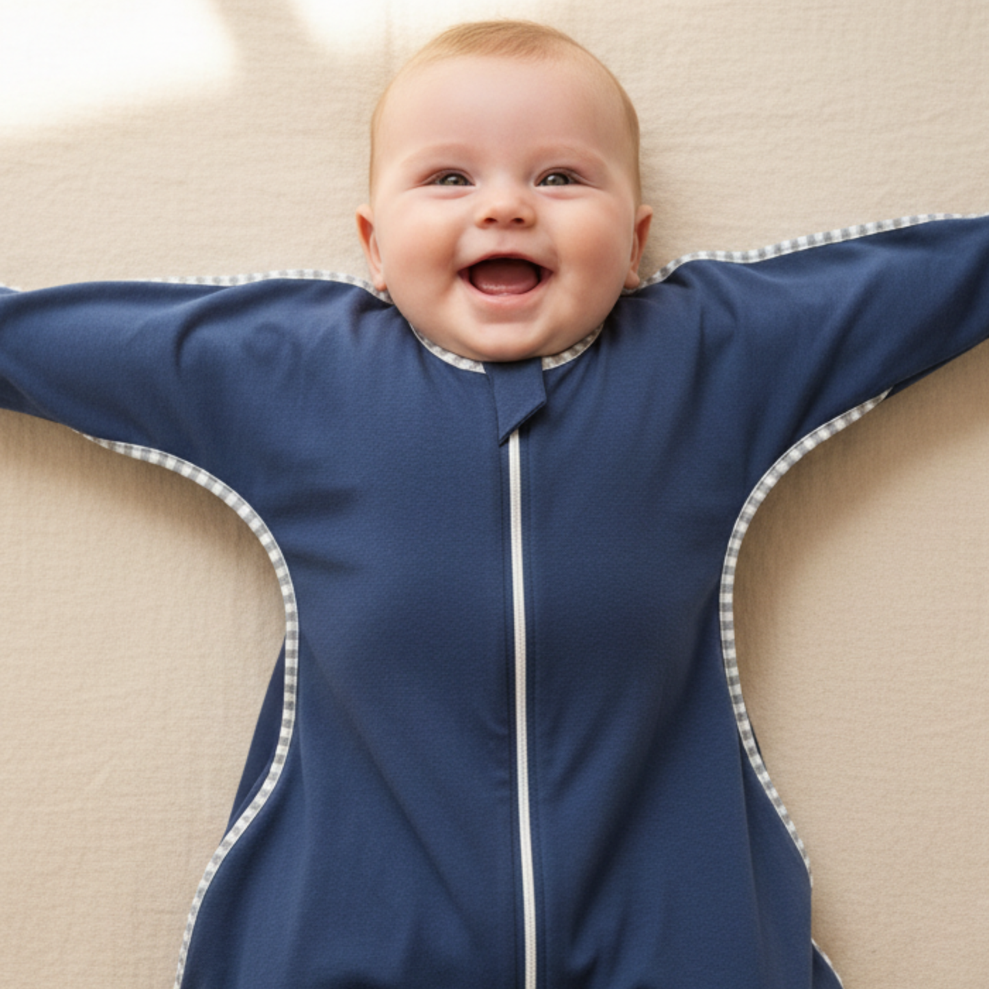 Gigoteuse souriante, bébé heureux portant une turbulette moderne