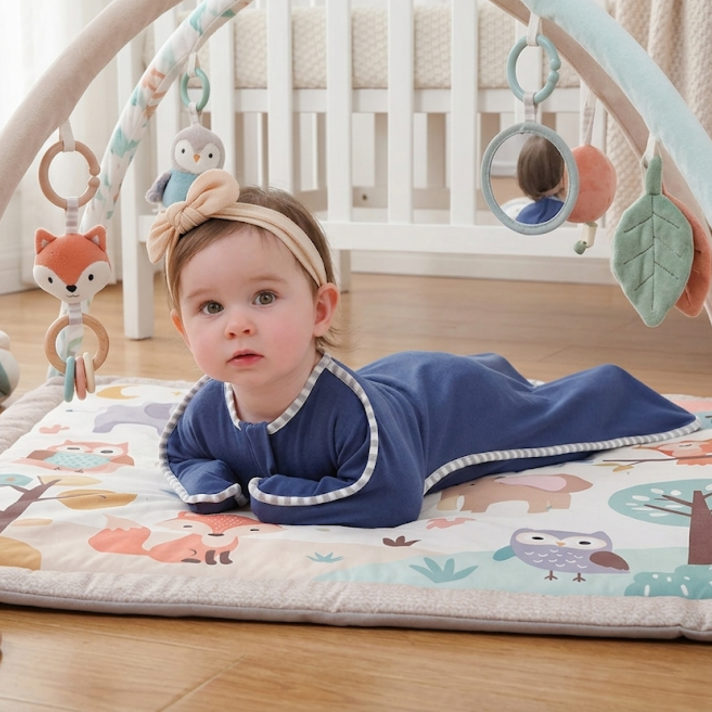 Gigoteuse bleue confort bébé sur tapis d'éveil avec motifs animaux