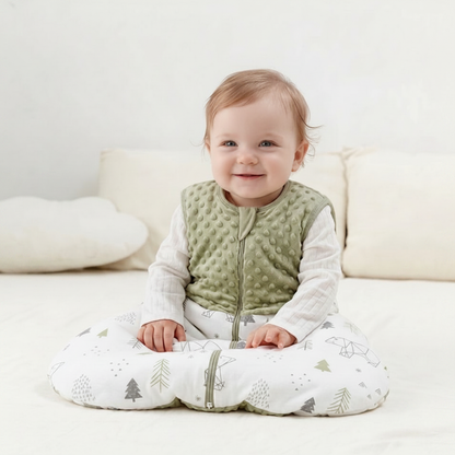 Gigoteuse bébé verte et blanche portée par un bébé souriant assis sur un lit.