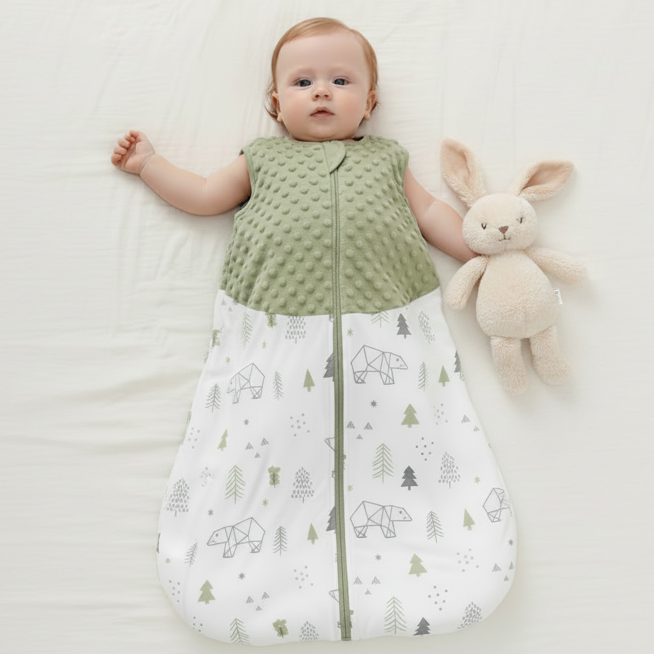 Gigoteuse bébé verte et blanche à motifs ours et sapins, portée par un bébé allongé avec un doudou lapin.