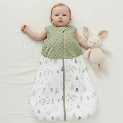 Gigoteuse bébé verte et blanche à motifs ours et sapins, portée par un bébé allongé avec un doudou lapin.