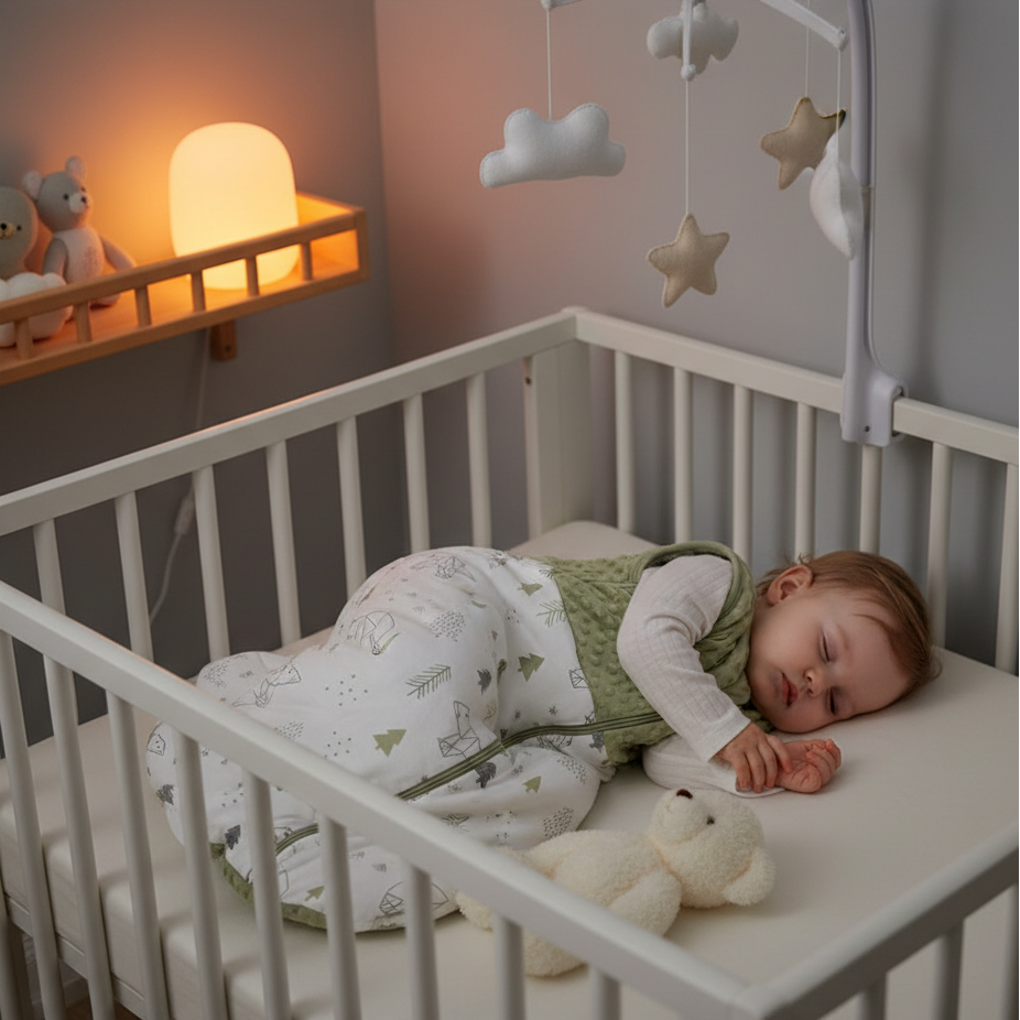 Gigoteuse bébé portée par un bébé endormi dans un lit à barreaux avec une veilleuse allumée.