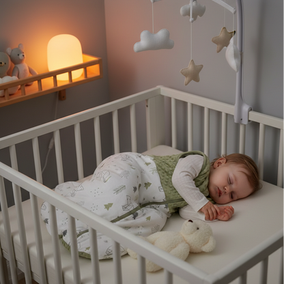 Gigoteuse bébé portée par un bébé endormi dans un lit à barreaux avec une veilleuse allumée.